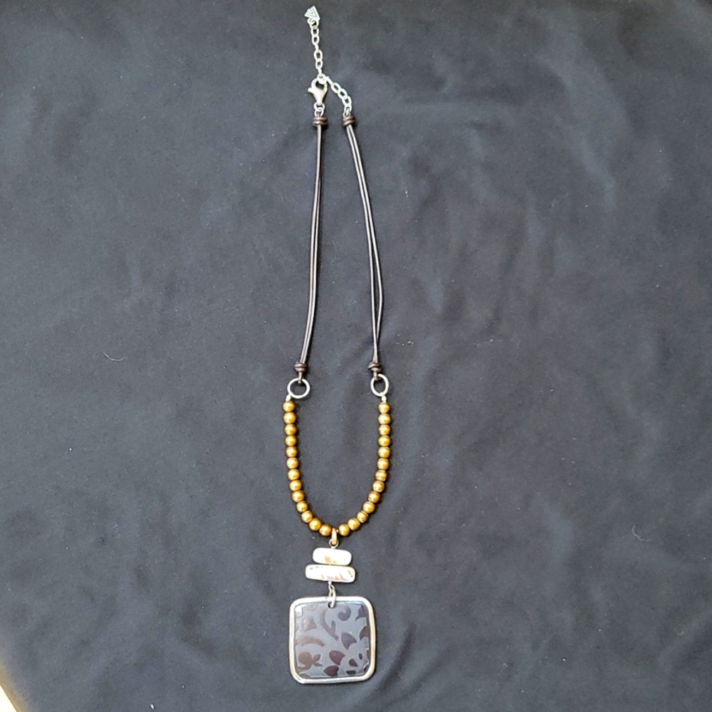 Silpada Designs necklace, double leather, freshwater pearls, etched pendant